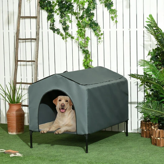 PawHut Caseta Para Perros Con Cubierta Exterior 130x85x95 Cm Cama Elevada Para Mascotas Con Cojín Y Ventanas De Malla Enrollable Para Perros Grandes Gris. 130 Cm X 85 Cm X 95 Cm - Imagen 6