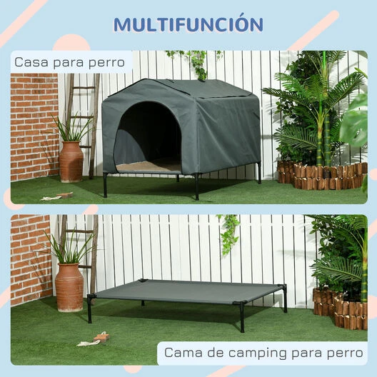 PawHut Caseta Para Perros Con Cubierta Exterior 130x85x95 Cm Cama Elevada Para Mascotas Con Cojín Y Ventanas De Malla Enrollable Para Perros Grandes Gris. 130 Cm X 85 Cm X 95 Cm - Imagen 5