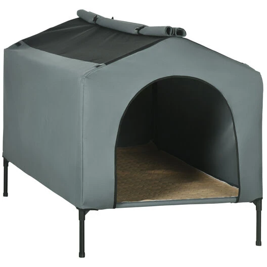PawHut Caseta Para Perros Con Cubierta Exterior 130x85x95 Cm Cama Elevada Para Mascotas Con Cojín Y Ventanas De Malla Enrollable Para Perros Grandes Gris. 130 Cm X 85 Cm X 95 Cm - Imagen 3