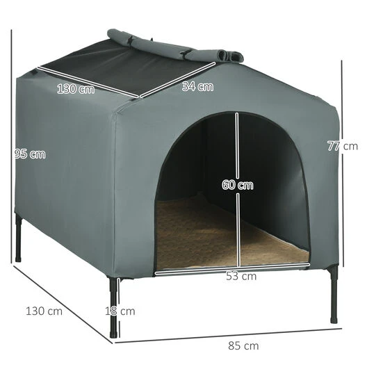 PawHut Caseta Para Perros Con Cubierta Exterior 130x85x95 Cm Cama Elevada Para Mascotas Con Cojín Y Ventanas De Malla Enrollable Para Perros Grandes Gris. 130 Cm X 85 Cm X 95 Cm - Imagen 2
